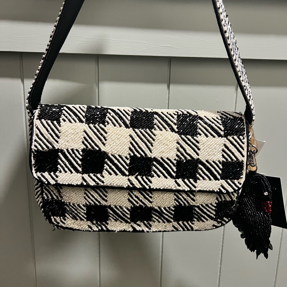 Stylish Black and White Checkered Women's Beaded Bag
